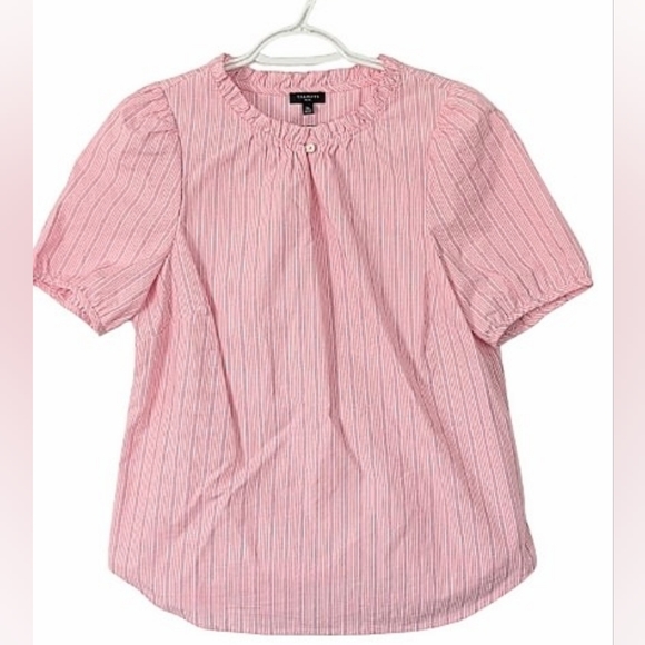 Talbots Pink Stripe Short Sleeve Blouse Medium Petite - Picture 2 of 9